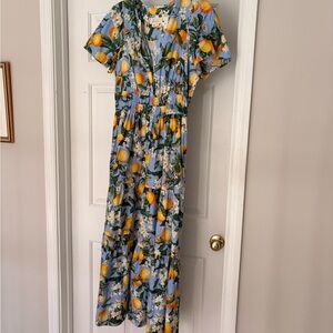 Anthropologie Blue Lemon Print Maxi Somerset Dress Sz Large
